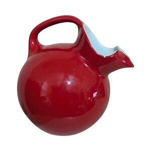 Shenango China Red Ceramic Ball Pitcher Mid Century Modern New Castle PA 7.5in